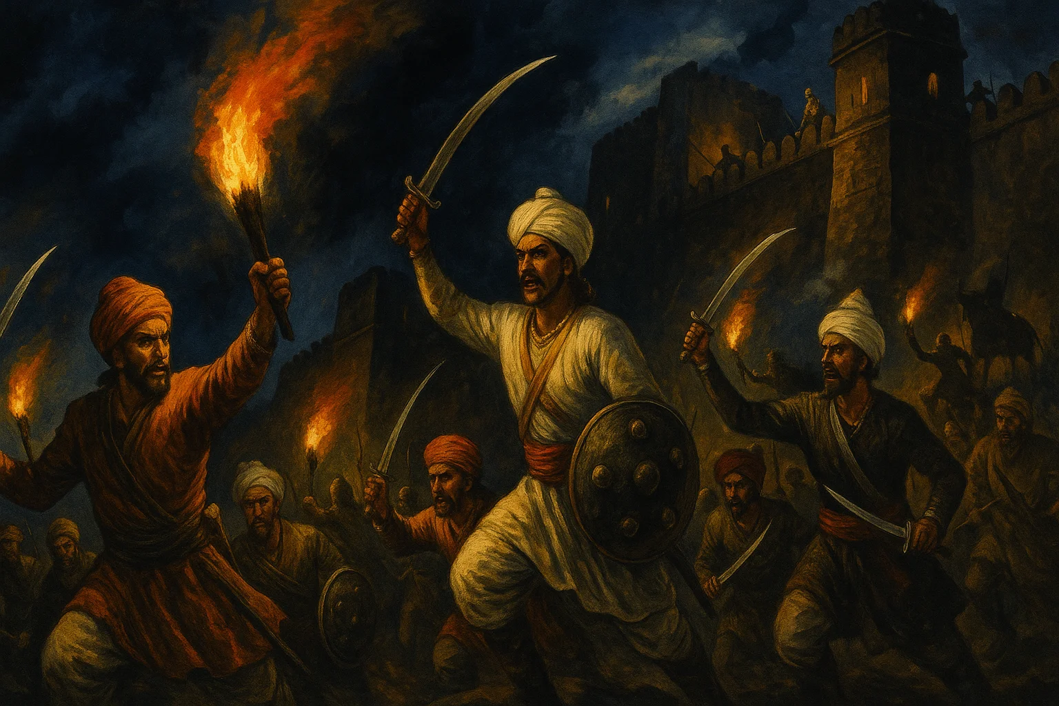 Maratha warriors emerging from darkness onto fortress walls during the night assault