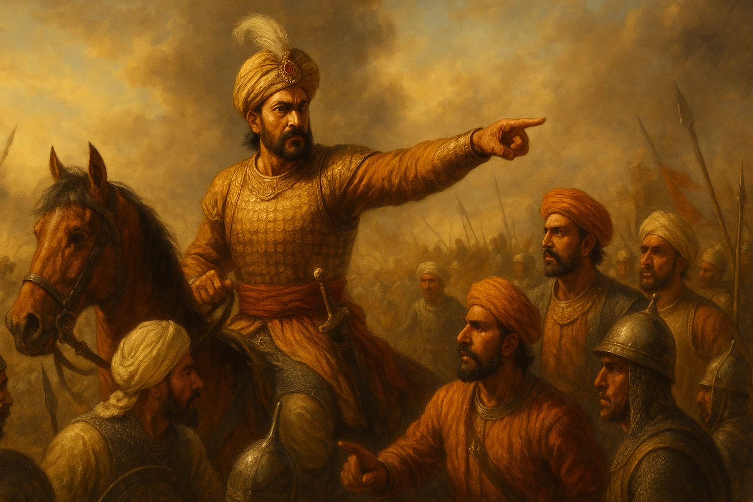 Hemu directing troops from horseback on a battlefield