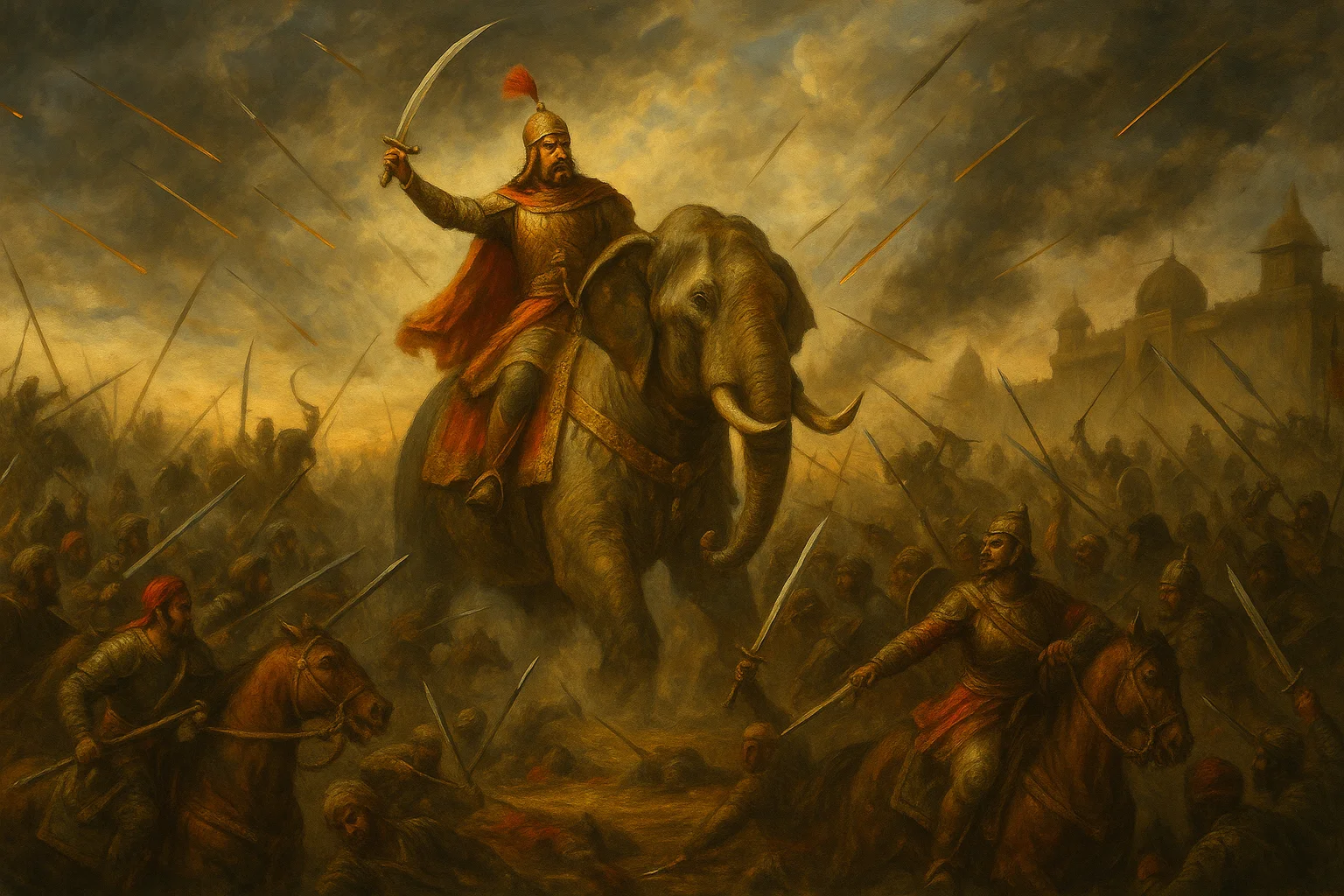 The Second Battle of Panipat with Hemu on a war elephant