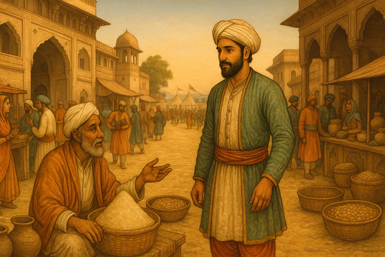 A bustling 16th-century North Indian marketplace with Hemu as a young merchant