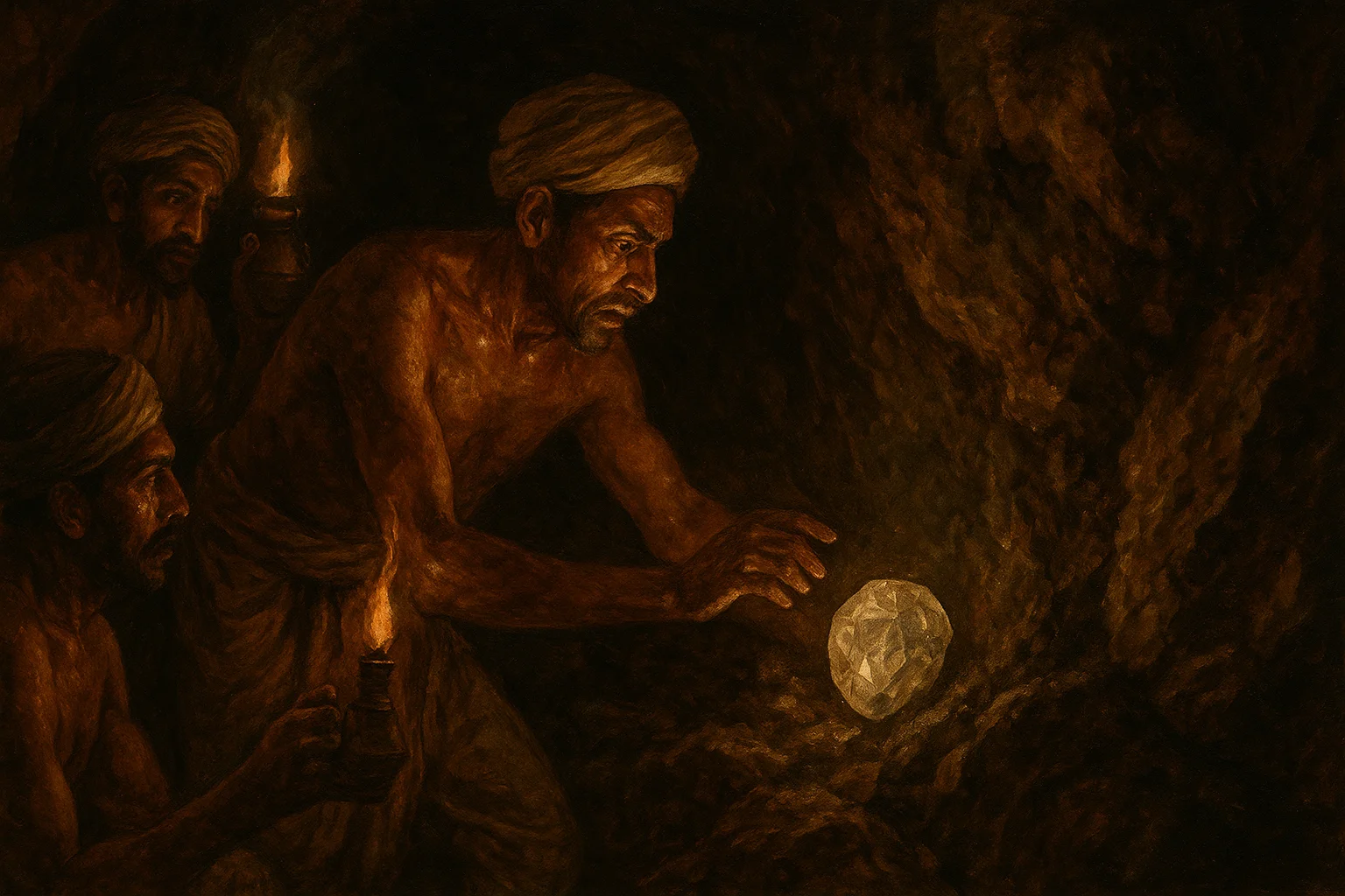 Miners discovering a massive rough diamond in the Kollur mine, Golconda