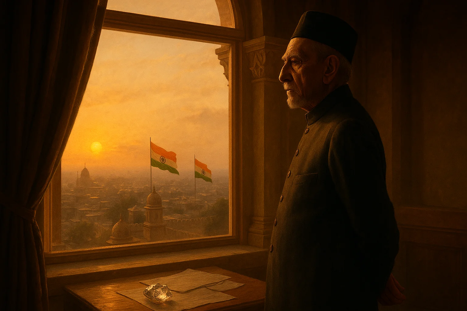 The Nizam at palace window overlooking Hyderabad as Indian flags are raised
