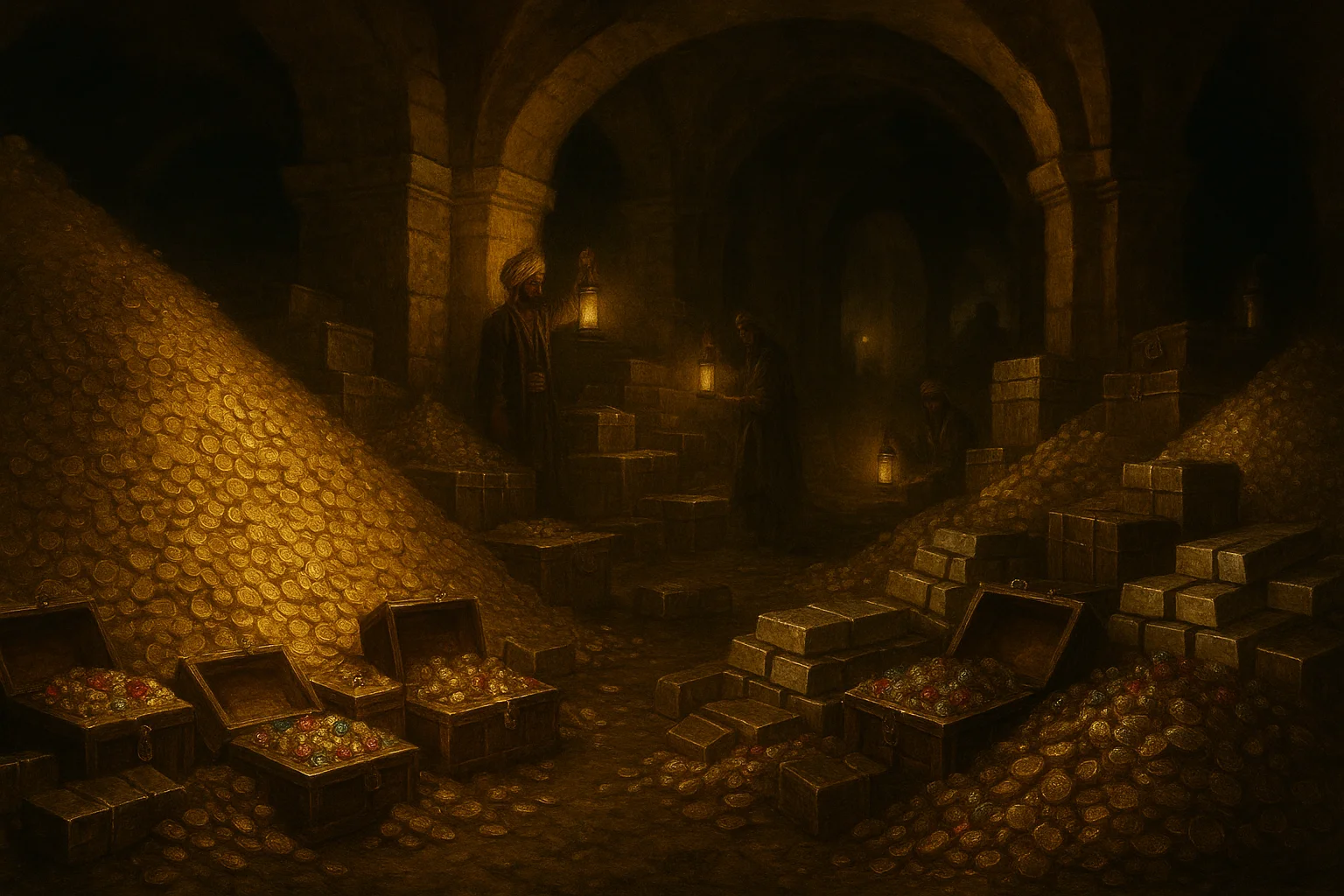 Underground treasury vaults of Hyderabad State with mountains of gold and silver