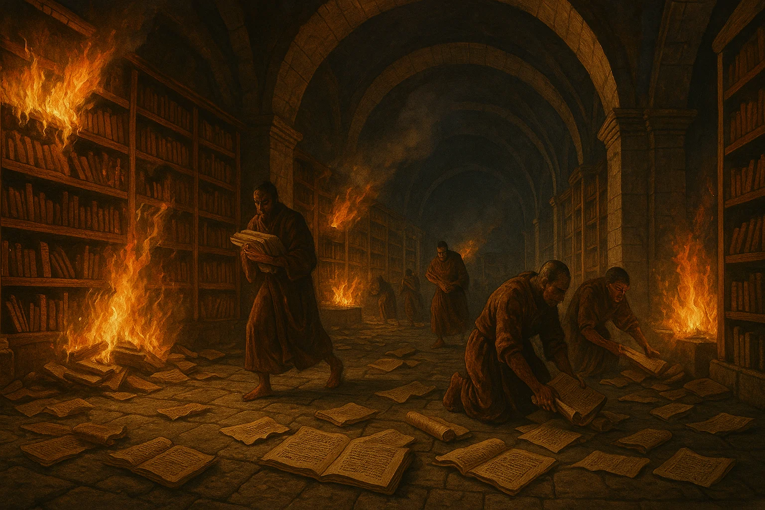 Interior of Nalanda library burning with monks trying to save manuscripts