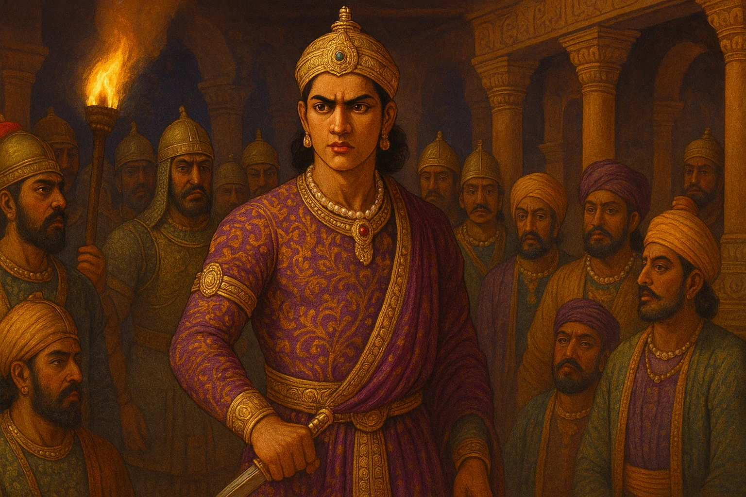 Young Ashoka as a warrior prince in the courts of Pataliputra