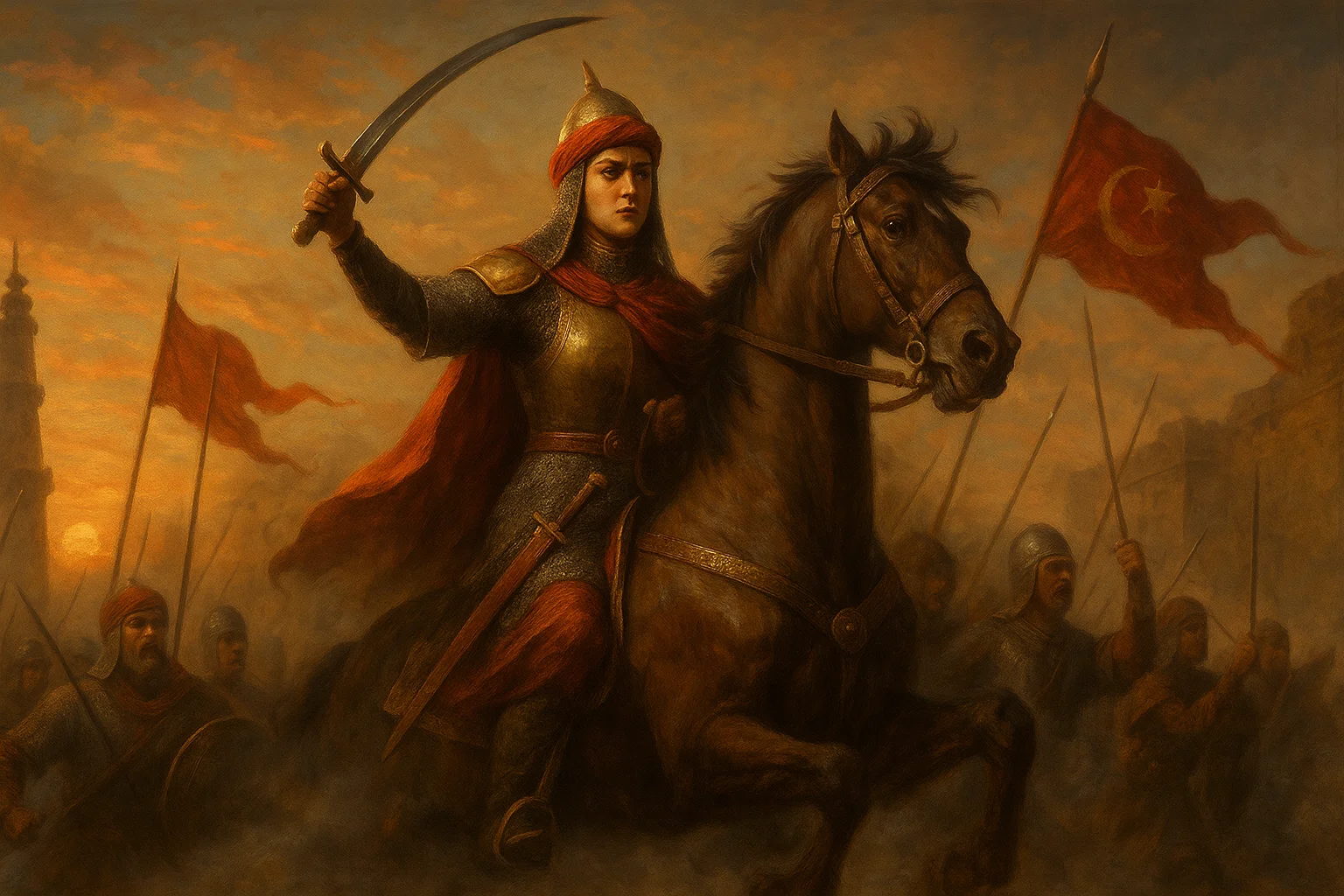 Razia Sultan in battle armor on horseback leading forces