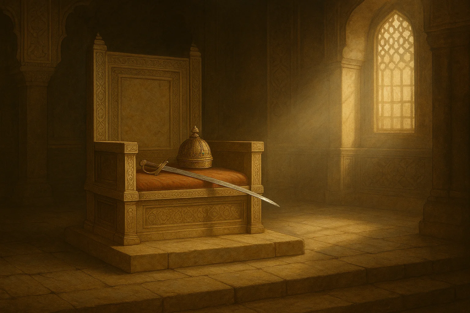 Empty throne of Delhi with crown and sword