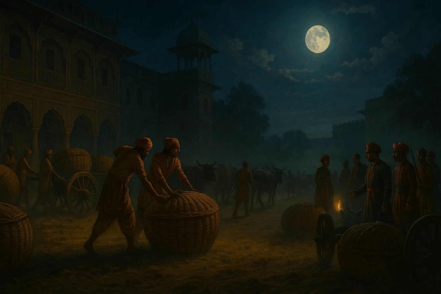 Night scene with large woven baskets being loaded onto bullock carts