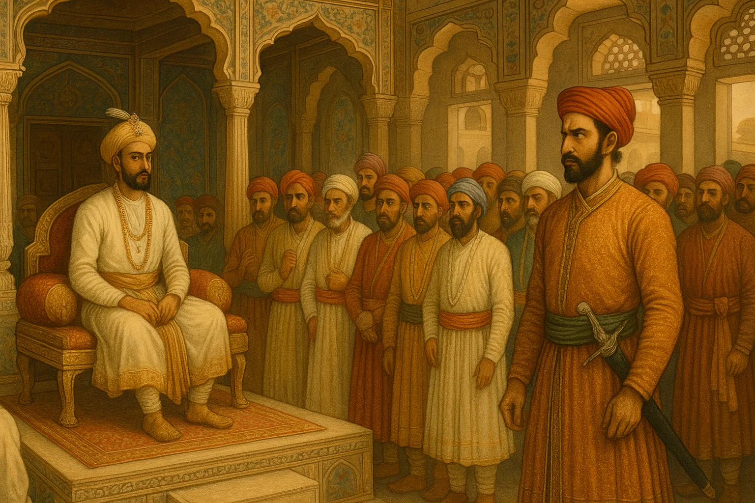 Interior of Aurangzeb grand durbar hall in Agra Fort with Shivaji among nobles